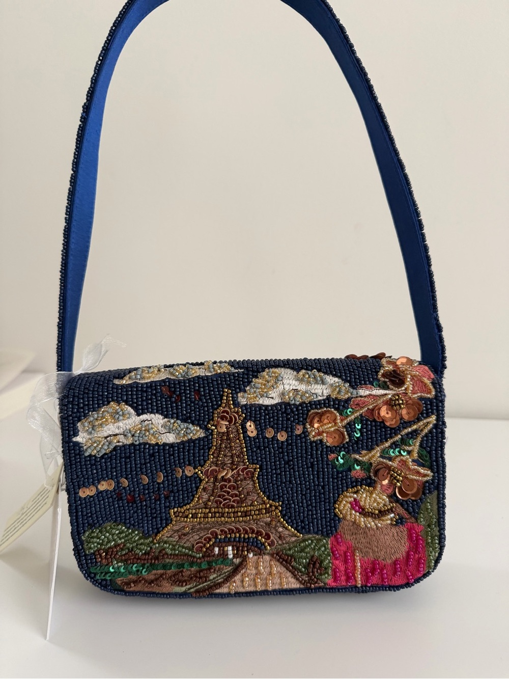 Embroidered Beaded Navy Shoulder Bag